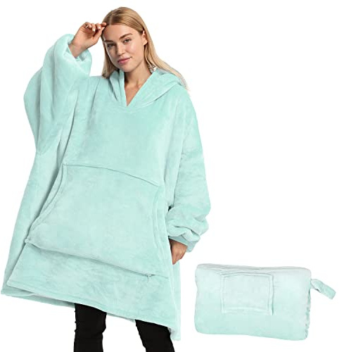Catalonia Classy Oversize Hoodie Decke mit Ärmeln, Warm Kuscheldecke Geschenk für Frauen Herren, Übergröße Kuschelpullover mit Kapuze Flauschig Decke zum Anziehen, Aqua