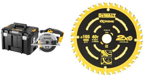 DEWALT Scie Circulaire XR 18V, sans Fil avec Coffret TSTAK - 3700 trs/min + DEWALT Lame de Scie Circulaire Portative, Ø165mm, 40 Dents