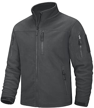 MAGCOMSEN Herren Stehkragen Fleecejacke Full Zip Army Jacken Winddicht Übergangsjacke Herren Military Winterjacke Outdoor Jagden Wandern Fliesjacke mit Vielen Taschen Dunkelgrau M