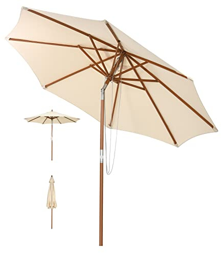 GOPLUS Parasol de Jardin Exterieur 2,7M, Parasol Inclinable à Corde avec 8 Baleines, Poteau en Bois, Anti-UV, pour Balcon Plage Jardin, Beige, Base Non Incluse