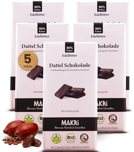 MAKRi Dattel Schokolade | Vegan & Bio, Laktosefrei und Glutenfrei, Ohne Zusatzstoffe | Dattelschokolade Ohne Raffinierten Zucker, Schokolade mit Datteln Gesüßt (Edelbitter 80%, 5 Tafeln)