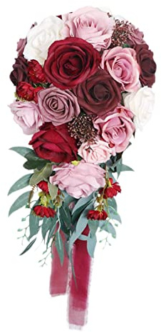 Milageto Romantischer s-Brautstrauß Rosen-Bündel Wasserfall-geblumter handgemachter künstlicher Halte-strauß für Kirchendekorationen, Rot
