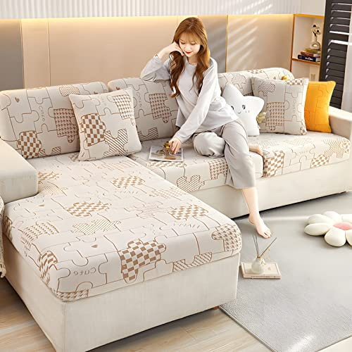 JOKIVTOU Schnitt Couch Abdeckung, L Form Schnitts Sofa Couch Abdeckungen, Liege Sofa Abdeckungen, Weiche Stretch Hussen, Puzzle Muster,Möbel Protector Couch Abdeckungen (GROßE 3-Person Kissen,Khaki)