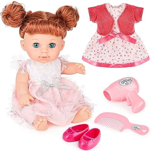 deAO Babypuppen-Spielset für Mädchen, Kleid Spiel Set mit 28cm Blinkende Puppe, 2 Garnituren Kleidung, Schuhe, Kamm und Föhn, Lange Haare Baby Puppen Sister, Geschenk für Mädchen ab 3 Jahren