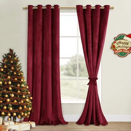 DWCN Wine Red Blackout Velvet Curtains - 90 inches Tieable Grommet Thermal Insulated Christmas Holiday Decorative Backdrops for Living Room Party Decor, W52 x L90 inch Long, 2 PCs