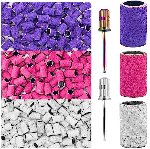 300 Stück Schleifhülsen Nagelfräser Grob Feinkorn Schleifbänder 100#180#240#Korn Schleifkappen Nagelfräser mit 2.35 MM Mandrel Bits, Schleifkappen Set mit Schachtel für Maniküre