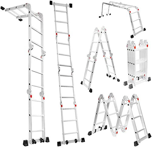 Ladder Folding Ladders Multi-Purpose Aluminium Extension 7 in 1 Step Heavy Duty Combination Scaffolding Platform Foldable Extendable Adjustable Ladder for Home Or Outdoor