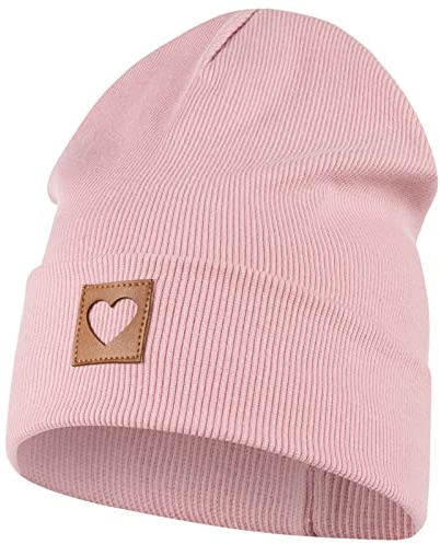 Smarilla Mütze Beanie Mädchen Damen Kinder Übergangsmütze | Gerippt Herzapplikation Herbstmütze Ganzjahresmütze