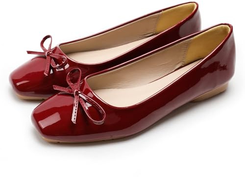 Dear Time Women's Casual Foldable Ballet Flats Square Toe Ballerina Flats Shoes Comfortable Burgundy Patent Leather Size 9.5