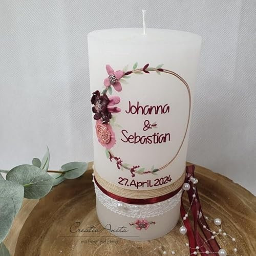 Hochzeitskerze Rustik weiß groß - mit Blütenkreis roségold, bordeaux, altrosa, mit oder ohne Teelichteinsatz