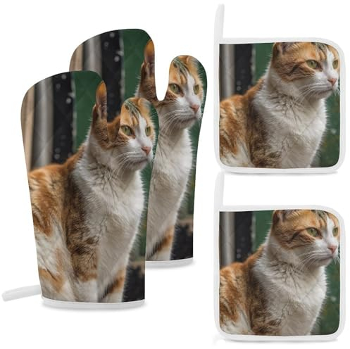 Lot de 4 gants de cuisine et maniques résistants à la chaleur - Motif chat assis sur le sol