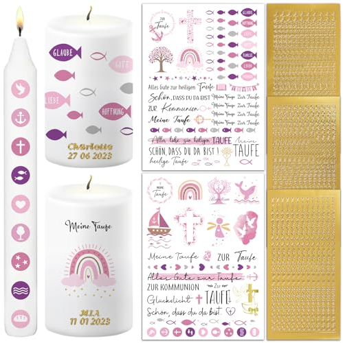 BOFUNX 2pcs Kerzentattoos Kommunion Taufe Kerzen Tattoofolie + 3pcs Groß- und Kleinbuchstaben Kerzen Sticker Gold Zahlen Aufkleber für Taufkerze Kommunionkerze Basteln