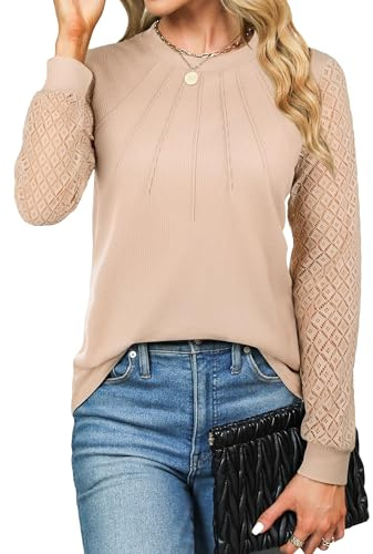 Cuptacc Women's Long Sleeve Shirt with Lace 2024 Waffle Knit Top Crew Neck Pleated Casual Autumn T-Shirt Elegant, apricot, L