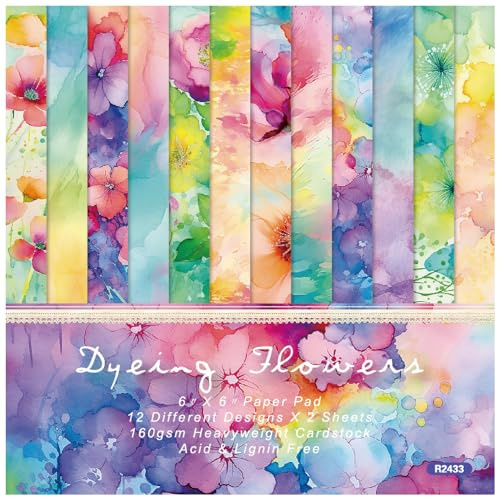 ZAKHSE Motivpapier 15,2x15,2cm, 48 Bögen Aquarellblumen Designpapier Farbige Blumen Einseitig Bedruckt Bastelpapier Bunt, 12 Muster, 160gsm Säurefrei Dekorpapier für Basteln Scrapbook Zubehör