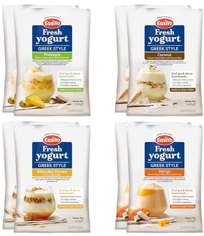 EasiYo Yogurt 7 Sachet Pack | EasiYo Greek Style Pack | 2 x G/S Coconut & Bits 2 x G/S Pineapple and Coconut Bits 2x G/S Manuka Honey 1x G/S Mango & Coco nut Bits | Each Sachet Makes 1kg of Yogurt