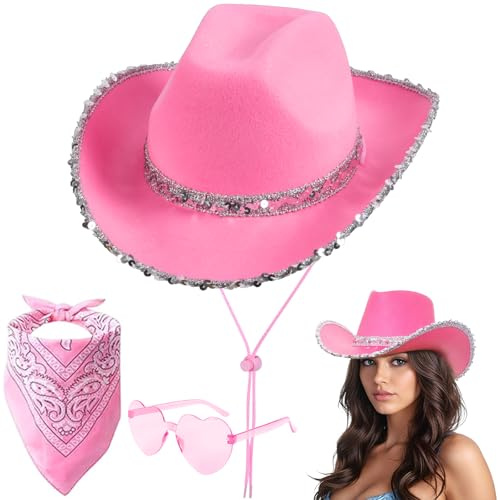 Aomig Cappello da Cowboy, Accessori per Costumi da Cowboy Cappelli per Adulti, Set Cappello Cowgirl Occidentale Bandana Occhiali da Sole, Cappello da Cowboy con Paillet per Halloween Feste Carnevale