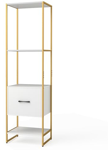 CASART 4-Tier Narrow Bookcase, Freestanding Ladder Shelf Metal Frame Shelving Unit, Display Bookshelf Storage Rack for Office Study Living Room, 45 x 35 x 160cm (White + Gold) | Metal Frame Shelving Unit, Display Bookshelf Storage Rack for Office Study Living Room, 45 x 35 x 160cm
