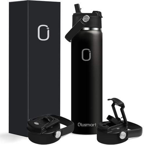Qiusmart Stainless Steel Water Bottle with Straw 750 ml: Leak-Proof Double-Walled Vacuum Insulated Bottle for Sports, Travel, Gym, BPA-Free (Schw1arz)
