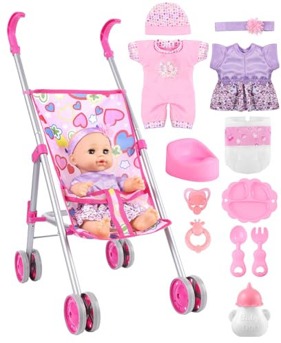 GAGAKU Puppenwagen Set mit 30cm Puppe & Zubehör, Spielzeug-Buggy faltbar für Mädchen ab 1 2 3 4 5 6 Jahre, Baby Puppenwagen für Kinder, mit 30cm Puppe & Accessoires