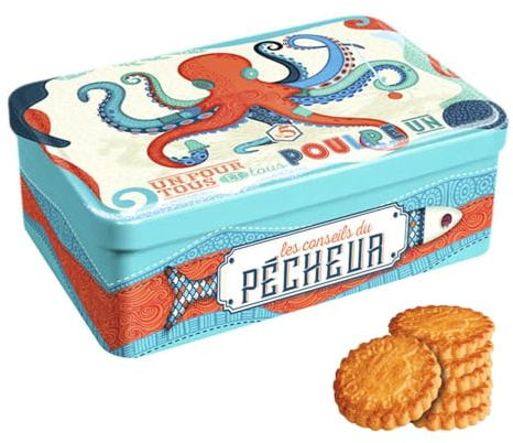 Atelier D® | Latta Metallo Biscotti Burro | Frollini Burro Sale | Galettes e Palets al Fior di Sale - 350 Gr | Latta Metallo Disegno Polipo