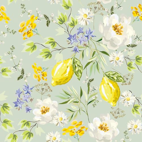 CHDITB Lemon Flower Wallpaper,White Floral Wallpaper Peel and Stick,Lemon Tree Boho Bedroom Stickers(44x300cm) Fresh Citrus Leaf Wall Stickers,Floral Decals for Kitchen Walls Cabinets Shelf Liners