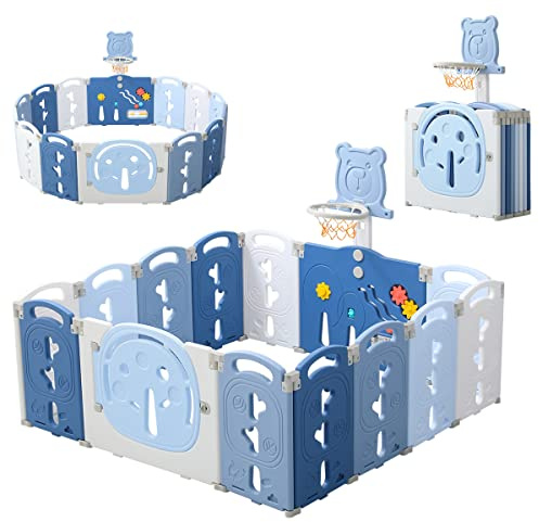 Dripex Faltbar Laufstall Baby 153×153 cm, Laufgitter mit Spielzeugboard, Kunststoffgitter, Blau