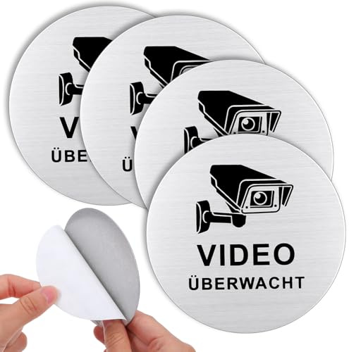 Bewudy 4 carteles de videovigilancia, redondos, para vigilancia de vídeo, advertencia, videovigilancia, aluminio, autoadhesivos, para el hogar, exteriores (10 cm)