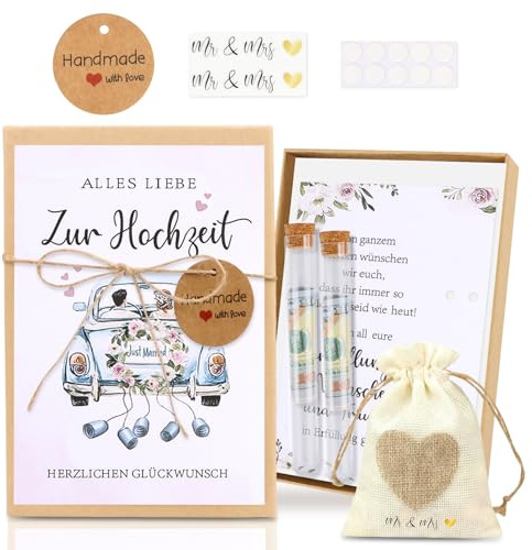 Geldgeschenk Hochzeit, Hochzeitsgeschenke für Brautpaar Geld Geschenk Box Enthält Hochzeitskarte, Kunststoff Reagenzglas, Jutesäckchen zur Hochzeit Verlobung Hochzeitstag