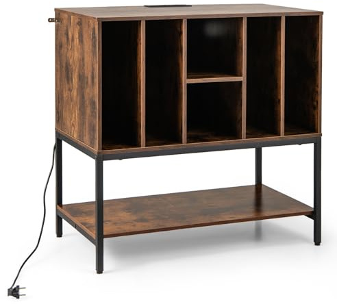 GIANTEX Soporte para Tocadiscos con 6 Compartimentos y Estante Abierto, Armario para Discos de Vinilo con Estación de Carga, 80 x 45 x 79,5 cm, Mueble de Almacenamiento para Salón, Dormitorio (Marrón)