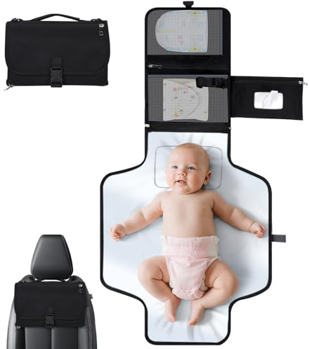 VINATO Matelas a Langer Bebe, Tapis à Langer Bébé Pliable et Portable avec Pochette Lingettes Humides, 70 x 56 cm, avec 5 Poches, Imperméable et Lavable pour les Déplacements, les Voyages