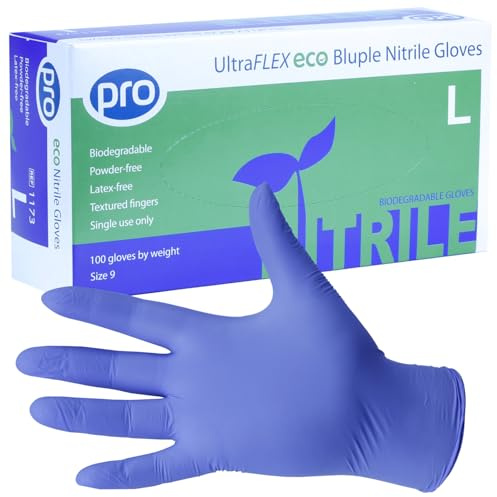 PRO Biodegradable Blue 3.5g Nitrile Disposable Gloves, Large 100 pack | UltraFLEX Bluple Disposable Gloves, eco-friendly, powder-free, latex-free nitrile. Food safe. Ideal for Catering & Care Homes