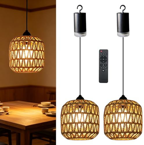 2 Stück Rattan Hängelampe mit Batterie, Rattan Hängeleuchte, Boho Hängelampe ohne Stromanschluss, Akku Pendelleuchte, BAtteriebetriebene Lampe mit Fernbedienung für Innen Außen Wohnzimmer Garten