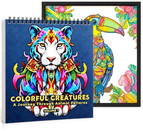 FUNLAVIE Adult Colouring Book & Frame Set, Animal Mandala Designs | Spiral Bound Mandala Colouring Book and 22.5 x 22.5 cm Black Frame for Tabletop or Wall Display, Mindfulness Colour for Adult