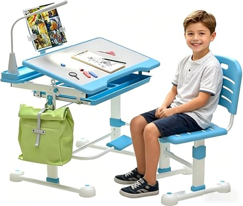 JMGJOY Kinderschreibtisch höhenverstellbar,Schülerschreibtisch Jugendschreibtisch mit Schublade Schreibtisch Kinder mit neigbarer Tischplatte für 3-12 Jahre Kinder (Blau-L)