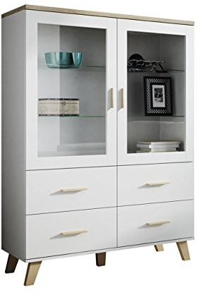 Mirjan24 Vitrine Lotta II 120 2D4S, Standvitrine im skandinavischen Stil, Vitrinenschrank, Glasvitrine, Hochschrank, Wohnzimmer Highboard Schrank (Brilliant Weiß + Eiche Sonoma)