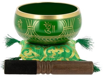 Bol de méditation tibétain avec symboles verts 13,5 cm