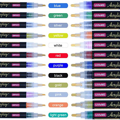 Ulifeme Steine Bemalen Stifte Set, 12 Stück 3mm Meißel Spitze Permanent Acrylstifte + 12pcs 6mm Runde Spitze Wasserfest Marker für Stein, Rock-Malerei und Kieselstein, 12 Farben Kinder DIY Stift Art