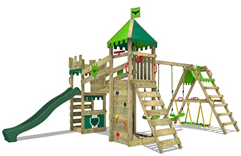 FATMOOSE Wooden climbing frame RiverRun Royal XXL with SwingSurf, swing set & green slide, Outdoor kids playhouse with sandpit, climbing ladder & play-accessories for the garden