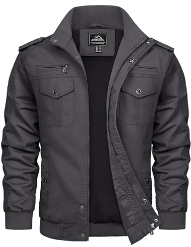 TACVASEN Chaqueta de entretiempo para hombre, chaqueta cargo de invierno, militar, cuello alto, chaqueta bomber, chaqueta ligera de campo, para exteriores, con múltiples bolsillos gris oscuro L