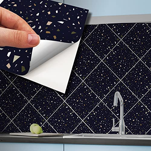 WALPLUS 15cm(6)@72pcs Dark Blue Metallic Silver Terrazzo Wall Tile Sticker Tile Paint Stick on Tiles Peel and Stick Self Adhesive Wall Tiles Stickers for Kitchen Bathroom Tile Transfer Backsplash