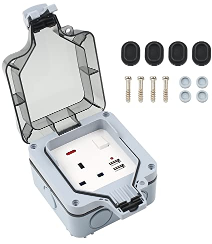 TIHOOK Outdoor Socket Wall Switched, UK Plug IP66 Waterproof, Single Outdoor Socket, Sockets With 2 USB Charging Port, Sockets Waterproof for Gardens, Courtyards, Garages