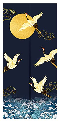 LIGICKY Japanischer Stil dick Leinen Noren Lang Vorhänge Weißer Kranich Meereswellen und Mond Türvorhang Raumteiler Tapisserie für die Heimtextilien Raumteiler 85 x 180 cm Blau