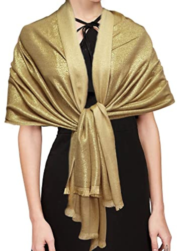 Gragengs Châles et écharpes en pashmina brillante métallisée pour femme, écharpe longue pour fête, couleur unie, deux tons, or, 70.8 x 27.5 inch(180x70cm)