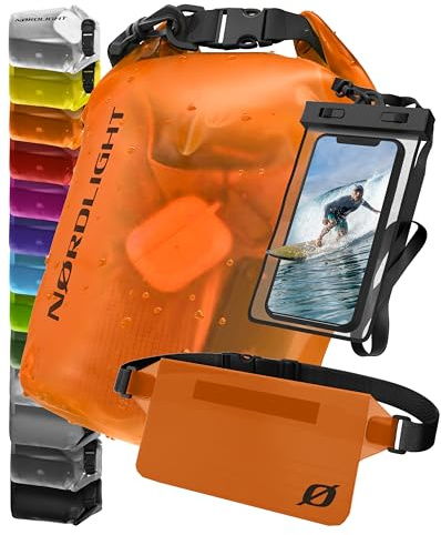 Nordlight Dry Bag wasserdichte Tasche - 2l 5l 10l 15l 20l 30l Liter | Wasserfester Packsack Seesack Beutel Waterproof Drybag + Roll-Top + Schultergurt | Schwimmen Baden Strand Kanu SUP Tauchen Handy