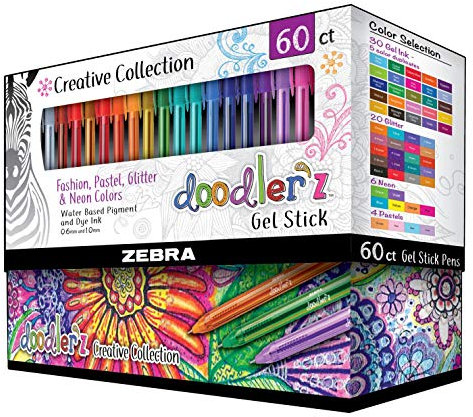 Zebra Pen Doodlerz 41960 Gelstifte, Mega-Set, kräftige Spitze, 1,0 mm, verschiedene Glitzer, Neon, Metallic, Pastellfarben, 60 Stück (41960) – (Packung mit 3 Packungen, insgesamt 180 Stück),