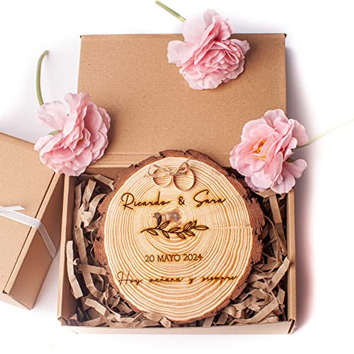 Genérico Porta Alianzas Personalizado para Bodas - Regalo Aniversario Pareja con Grabado de Nombre - Joyero de Anillos para Novios - Detalle Boda Original Madera