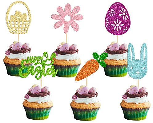 24Pcs Easter Bunny Cupcake Toppers Glitter Cute Rabbit Carrot Basket Egg Cake Pick Decorations for Easter Spring Theme Babyshower Kids Birthday Party Supplies