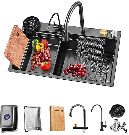 BIGYOUZI Schwarzes Spüle mit Ausziehbare Wasserhähne und Wasserfall Spüle Küche mit Gemüse Und Geschirrspülbecken mit Tassenreiniger,Vollständiger Satz von Zubehör (Schwarz, 80x45x23CM)