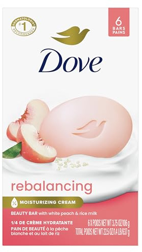 Dove Beauty Bar Soap Rebalancing White Peach & Rice Milk 6 Count for a Nourished and Moisturized Skin, with ¼ Moisturizing Cream Plant-Based Formula, 3.75 oz