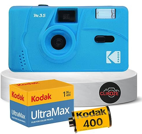 Ensemble de film réutilisable comprenant un appareil photo Kodak M35 35 mm, un film Kodak 35 mm 36 poses et une carte Clikoze Tips (bleu)